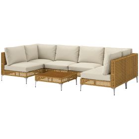 7 Piece Wicker Patio Furniture Set, Modular Outdoor Sectional with Thickened Cushions, Acacia Wood Table, Khaki/Beige 7 Piece Wicker Patio Furniture Set, Modular Outdoor Sectional with Thickened Cushions, Acacia Wood Table, Khaki/Beige