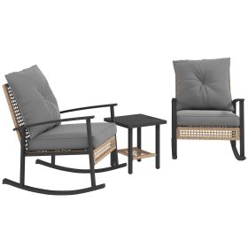 3 Pieces Bistro Set, Patio Wicker Furniture Set with Button Tufted Cushions, Rattan Rocking Chairs, Coffee Table, Gray 3 Pieces Bistro Set, Patio Wicker Furniture Set with Button Tufted Cushions, Rattan Rocking Chairs, Coffee Table, Gray